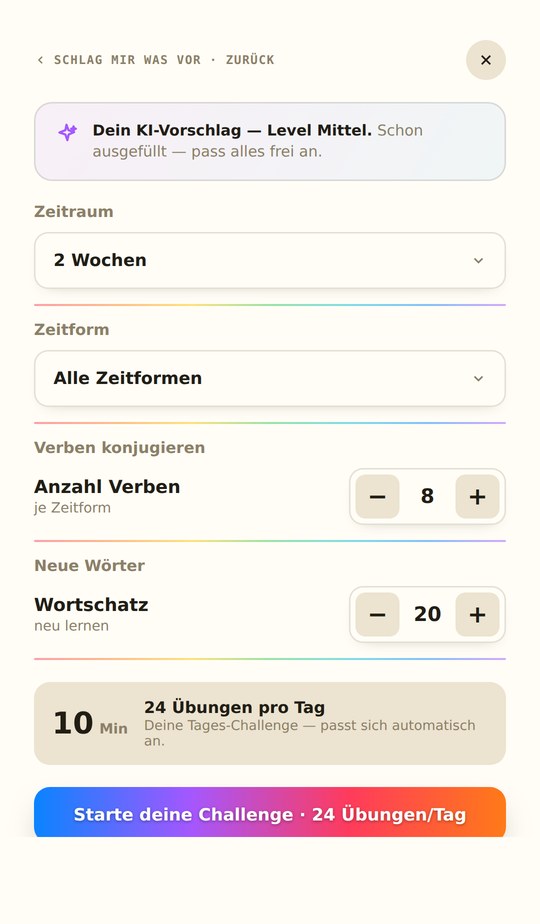ConjuExpert Challenge: individuell einstellen – Zeitraum, Zeitformen, Anzahl Verben und Wortschatz