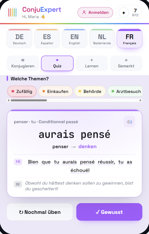 ConjuExpert Karten-Quiz: Ergebnis – voller Satz auf Französisch mit deutscher Übersetzung