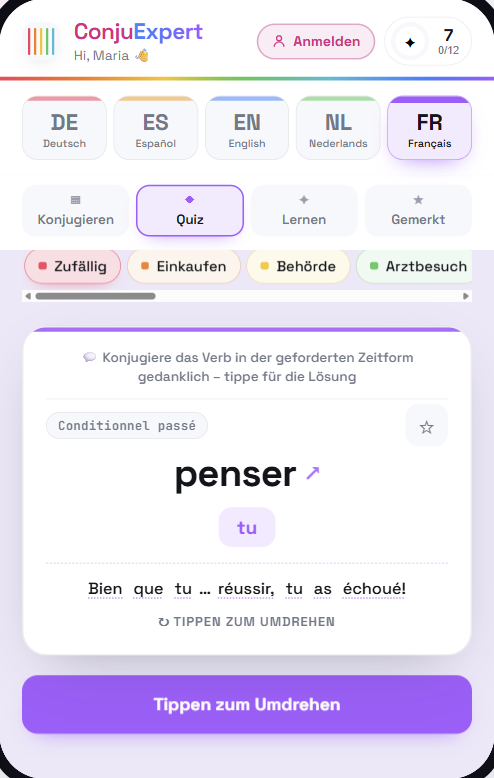 ConjuExpert Karten-Quiz: Lückensatz auf Französisch – Verb im Conditionnel passé konjugieren