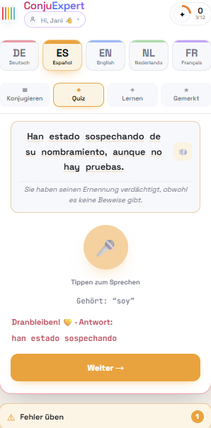 ConjuExpert Sprech-Quiz: Ergebnis – voller spanischer Satz mit deutschen Übersetzung