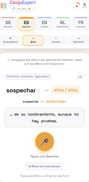 ConjuExpert Sprech-Quiz: spanischer Lückensatz, Verb konjugieren, Mikrofon zum Einsprechen
